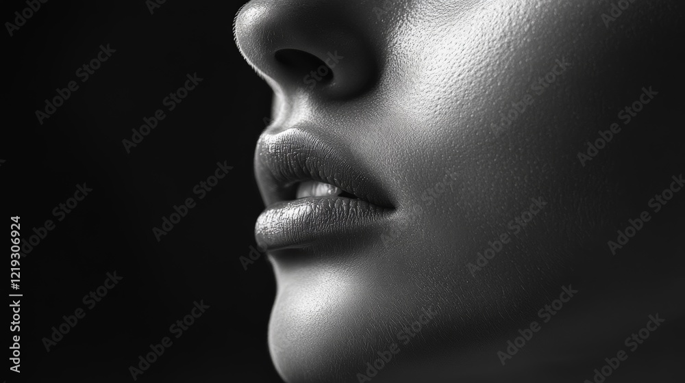 Close up profile view highlighting the flawless lips of a beautiful young woman, showcasing perfect skin and radiant white teeth against a dramatic black and white backdrop Close up profile view highlighting the flawless lips of a beautiful young woman, showcasing perfect skin and radiant white teeth against a dramatic black and white backdrop