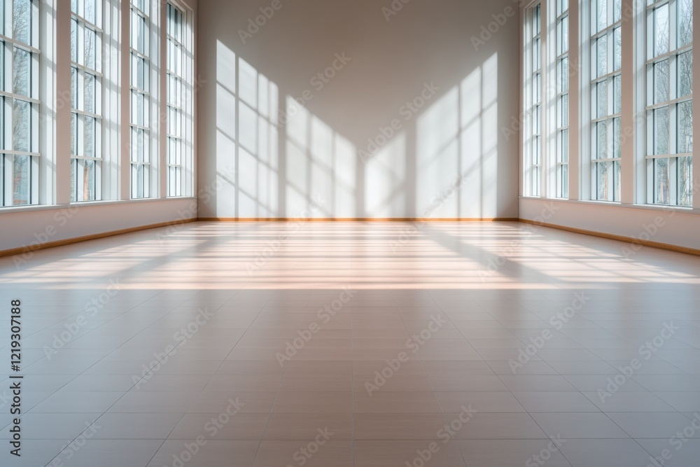 Obraz premium Sunlit empty room with large windows peaceful atmosphere minimalist design modern architecture spacious view