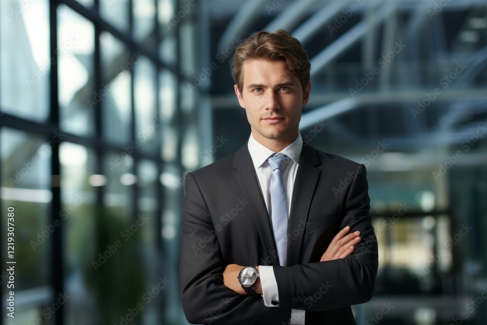 Portrait of a young businessman standing with arms crossed in a modern office building Portrait of a young businessman standing with arms crossed in a modern office building
