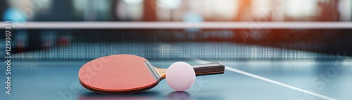 A close-up view of a red ping pong paddle and a white ball resting on a blue table, showcasing the essentials of table tennis, ready for an exciting game ahead.