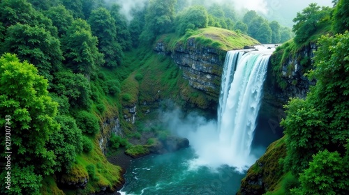 Serene Waterfall Cascading Through Lush Green Foliage in a Misty Mountain Valley