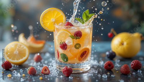 A vibrant and dynamic image of various fruits and berries suspended in mid-air, surrounded by colorful water splashes. photo