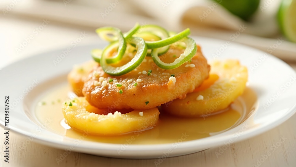 A golden-brown pineapple fritter drizzled with honey-ginger syrup, garnished with lime zest, set on a white plate against a soft, creamy background, evoking a sunny summer afternoon. A golden-brown pineapple fritter drizzled with honey-ginger syrup, garnished with lime zest, set on a white plate against a soft, creamy background, evoking a sunny summer afternoon.