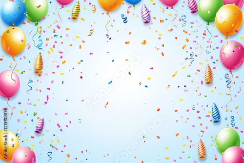 Festive balloons, confetti, and party hats on light blue background.
