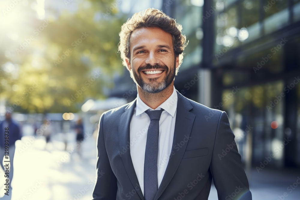 Portrait of a businessman smiling while walking on a city street during the day Portrait of a businessman smiling while walking on a city street during the day