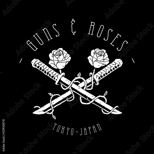 Cuadro en lienzo katana and roses logo vector illustration
