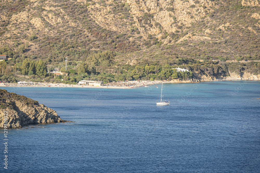 Aerial view of the Malfatano Gulf in the south of Sardinia with many beautiful beaches and blue and turquoise water