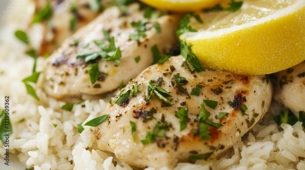 Close-up of rice with tangy lemon and herb chicken. Featuring zesty lemon and fresh herbs on tender chicken. Emphasizing a light, Mediterranean-inspired dish. Ideal for lemon recipes. Close-up of rice with tangy lemon and herb chicken. Featuring zesty lemon and fresh herbs on tender chicken. Emphasizing a light, Mediterranean-inspired dish. Ideal for lemon recipes.