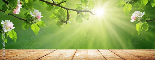 Spring backdrop with green foliage and flowering branches, featuring an empty wooden table in sunlight. Made with generative AI