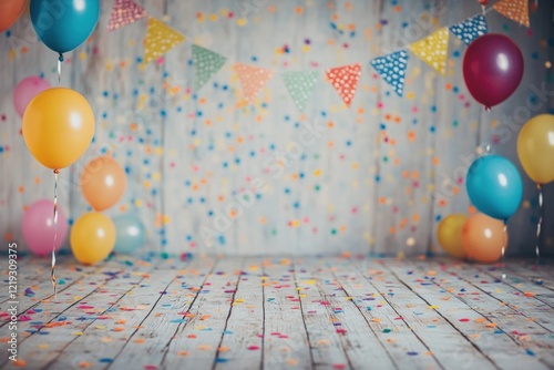 Festive birthday party background with balloons and confetti.