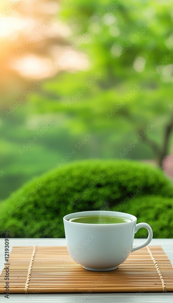 A serene scene featuring a steaming cup of green tea on a bamboo mat, set against a lush green background. Perfect for promoting relaxation and mindfulness. A serene scene featuring a steaming cup of green tea on a bamboo mat, set against a lush green background. Perfect for promoting relaxation and mindfulness.