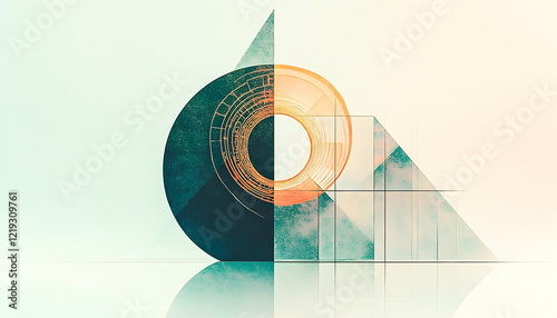 Abstract geometric design, circular and triangular forms, reflecting on surface, modern art, website banner