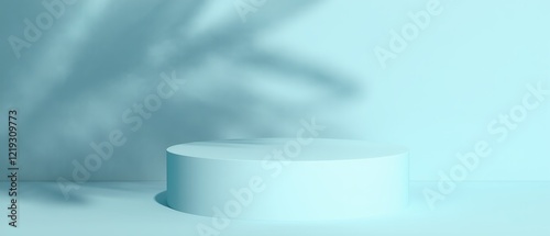 Subtle palm leaf shadows on a pale blue wall, offering a clean, abstract background ideal for showcasing products in a spring or summer setting.. Made with generative AI