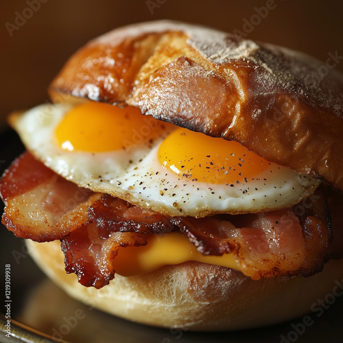 Breakfast Bun with Crispy Bacon and Double Sunny-Side-Up Eggs