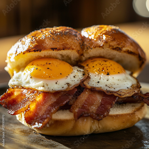 Breakfast Bun with Crispy Bacon and Double Sunny-Side-Up Eggs
