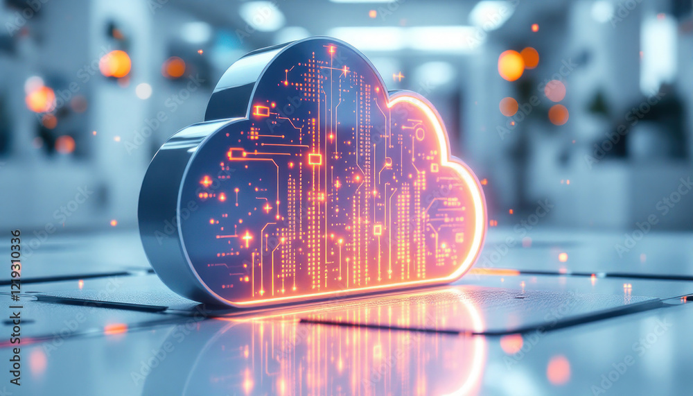 A glowing cloud symbol with digital circuitry, representing cloud computing and data storage.