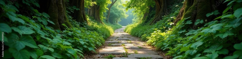 Obraz premium Ancient stone pathway disappearing into the underbrush, overgrown, decay, vines
