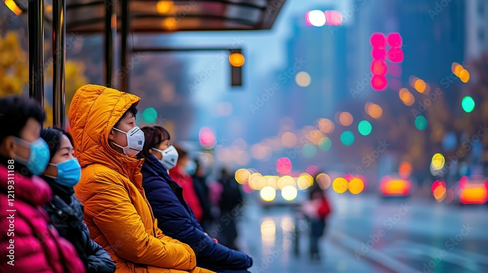 Obraz premium People wearing masks at a bus stop on a rainy evening in the city. PM2.5 concept