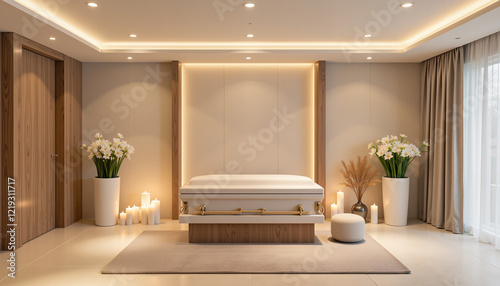 Elegant funeral home interior with a casket, floral arrangements, and candles illuminated by soft lighting