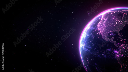 A glowing blue planet with a purple swirl around it. The planet is surrounded by a purple light that is scattered around it