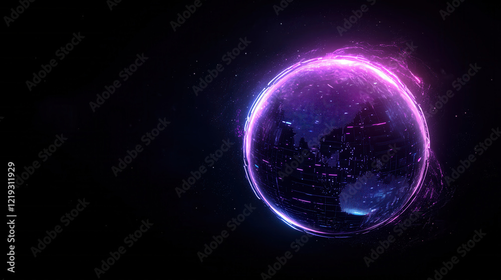 Fototapeta premium A glowing blue planet with a purple swirl around it. The planet is surrounded by a purple light that is scattered around it