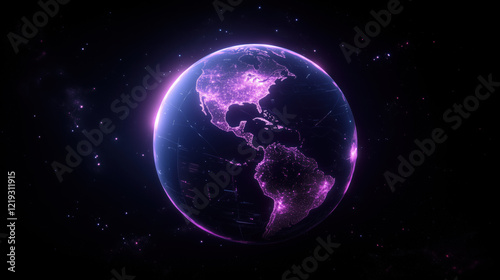 A glowing blue planet with a purple swirl around it. The planet is surrounded by a purple light that is scattered around it