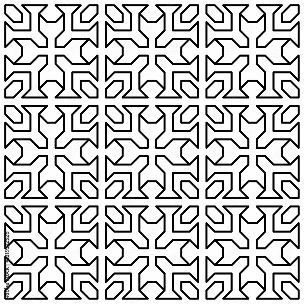 Symmetrical black line art creates a seamless geometric pattern on a white background. Ideal for coloring books, artistic designs, or backgrounds. Symmetrical black line art creates a seamless geometric pattern on a white background. Ideal for coloring books, artistic designs, or backgrounds.