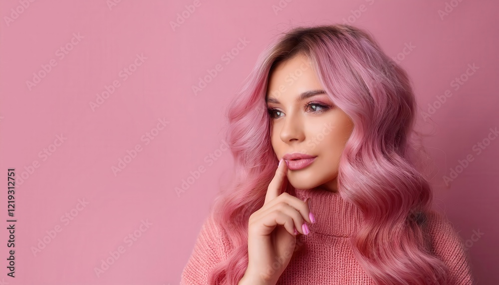 Thoughtful woman with wavy pink hair in soft pink tones Thoughtful woman with wavy pink hair in soft pink tones