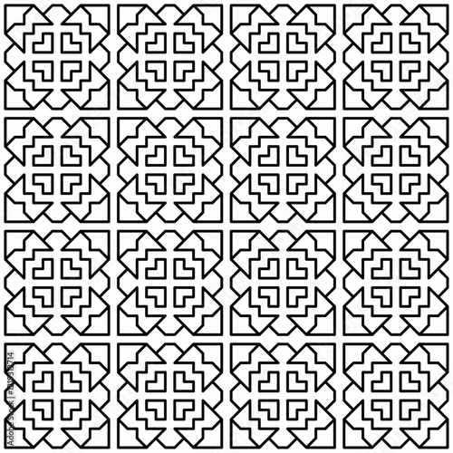 Symmetrical black line art creates a seamless geometric pattern on a white background. Ideal for coloring books, artistic designs, or backgrounds.