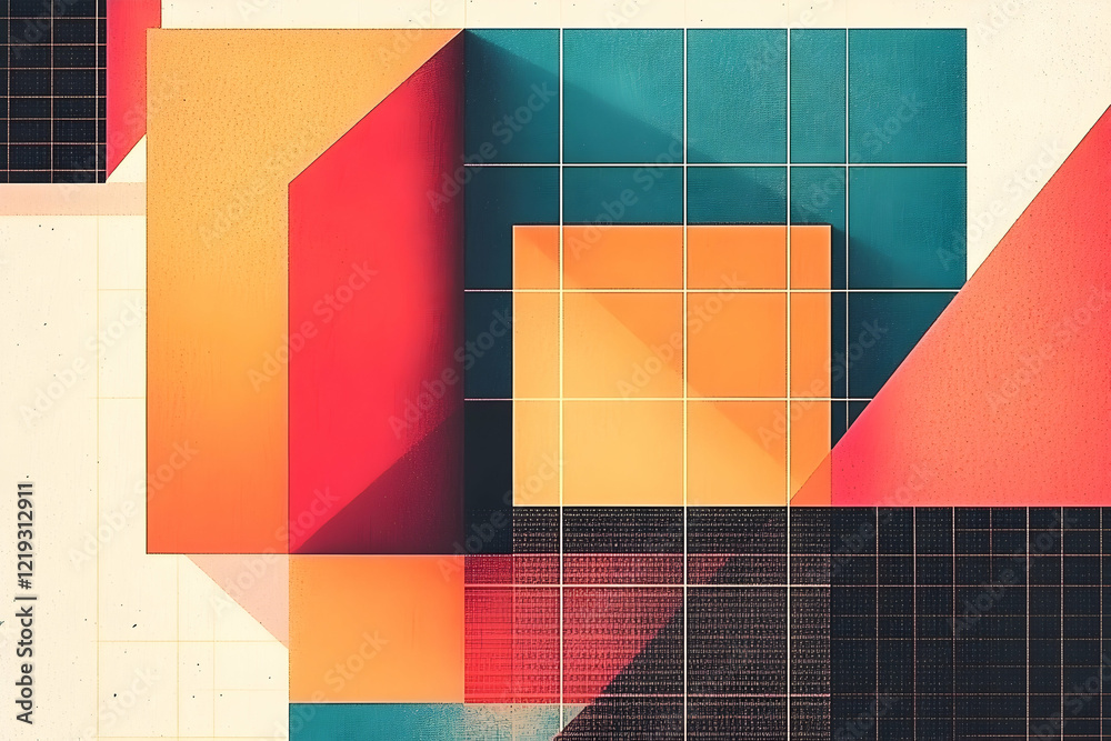 Fototapeta premium Abstract geometric shapes, vibrant colors, grid background, design concept, website banner
