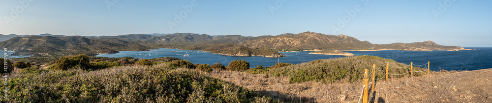 Aerial view of the Malfatano Gulf in the south of Sardinia with many beautiful beaches and blue and turquoise water