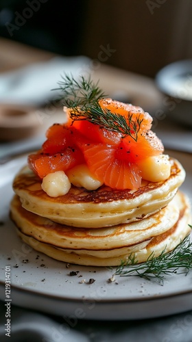 Delicious stacked pancakes topped with smoked salmon and dill on a plate, breakfast scene photo