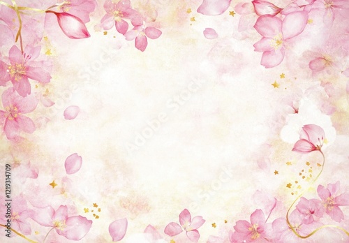 Watercolor cherry blossom frame with gold accents and copy space.