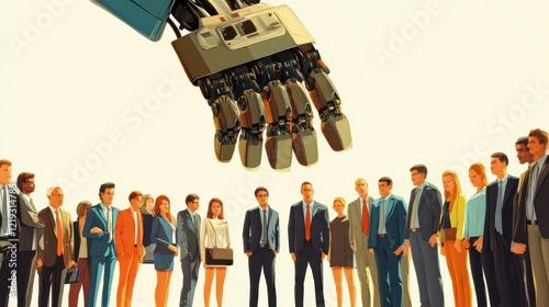 Robot recruiter with industrial claw choosing man from selected group of people. Recruitment, employment agency vector business concept. Robotic choose and select human recruit illustration