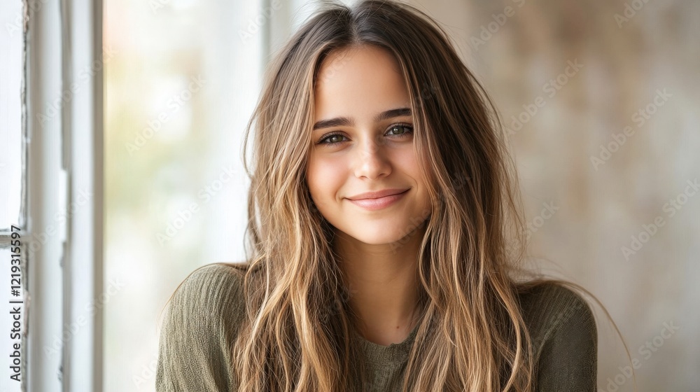 Charming young woman with long brown hair smiling warmly at the camera, natural light pouring in through a window, cozy indoor setting perfect for lifestyle photography. Charming young woman with long brown hair smiling warmly at the camera, natural light pouring in through a window, cozy indoor setting perfect for lifestyle photography.