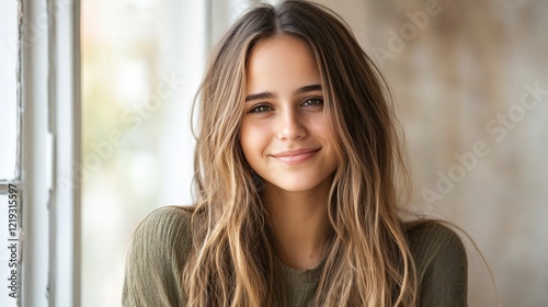 Charming young woman with long brown hair smiling warmly at the camera, natural light pouring in through a window, cozy indoor setting perfect for lifestyle photography. Free Download Charming young woman with long brown hair smiling warmly at the camera, natural light pouring in through a window, cozy indoor setting perfect for lifestyle photography. - GFXLoad