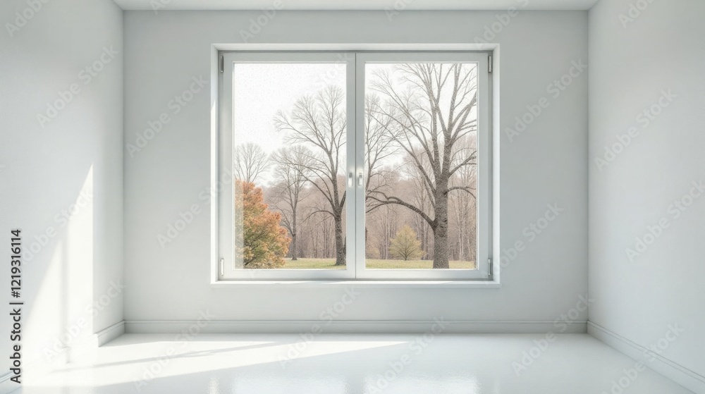 Fototapeta premium Serene Empty Room with Large Window Offering a View of a Tranquil Wooded Landscape