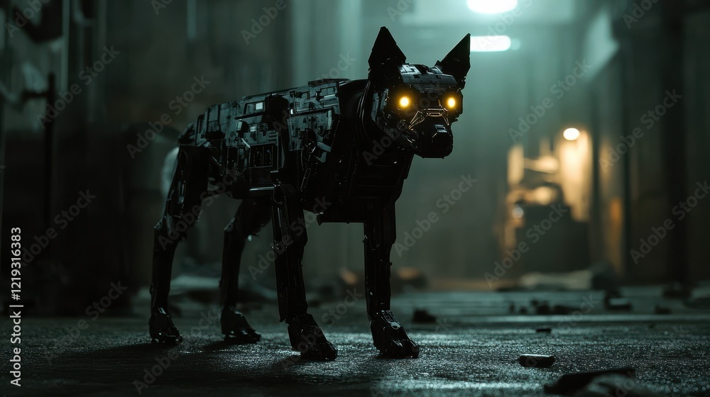 A robotic dog with glowing eyes stands in a dimly lit area A robotic dog with glowing eyes stands in a dimly lit area