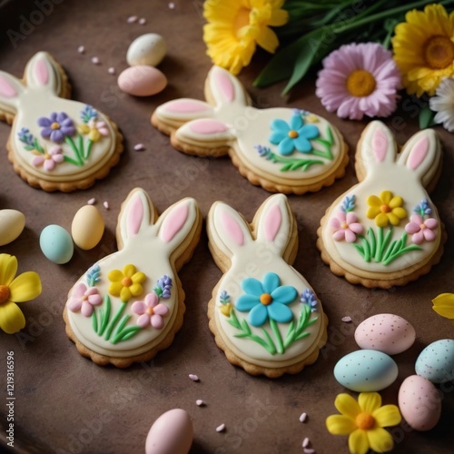 Delightful springtime cookies featuring bunnies decorated with colorful flowers on a rustic tray. Generative AI