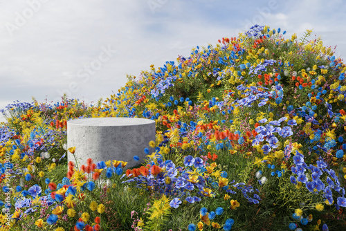 3d rendering spring stage and natural mockup background, Rock podium in the various colorful flowers field are blooming for product stand display, advertising, cosmetic skincare or etc