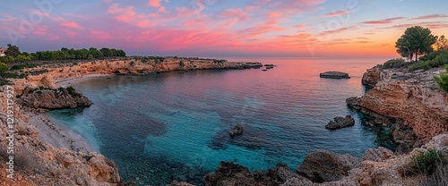 Scenic sunset over a secluded cove with turquoise water, rocky cliffs, and a sandy beach.