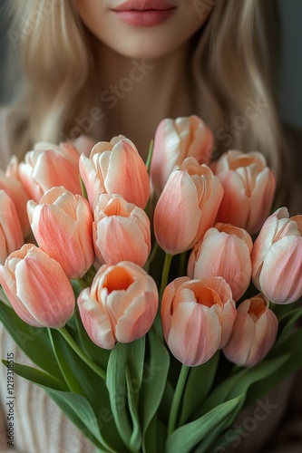 Woman holding a bouquet of delicate pink tulips, floral gift for Valentine's Day, International Women's Day, Mother's Day, soft pastel background

