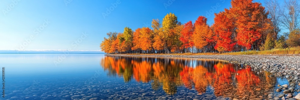 Obraz premium Autumn Trees Reflecting In Calm Lake Water