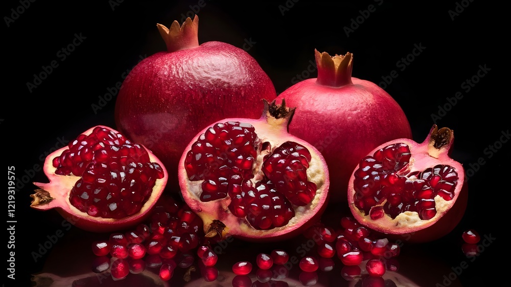 Fresh red ripe pomegranate with green leaves, bursting with juicy red seeds on a dark background Fresh red ripe pomegranate with green leaves, bursting with juicy red seeds on a dark background