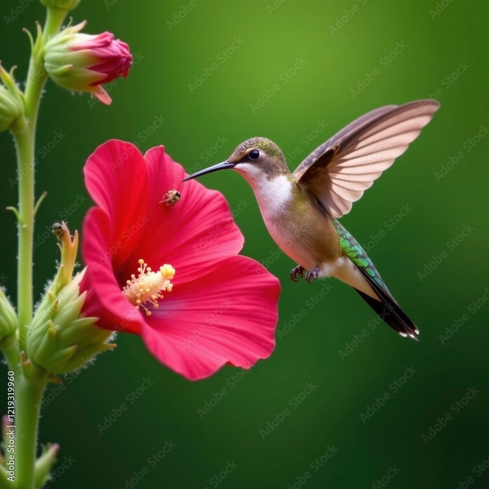 Fototapeta premium Hummingbird on red hollyhock flower with insects, nature, garden