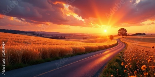 Golden Hour Serenity A Country Road Winds Through a Vibrant Wheat Field Under a Dramatic Sunset Sky