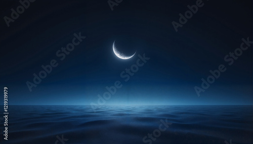 Crescent moon reflecting on calm ocean waters, Ramadan theme