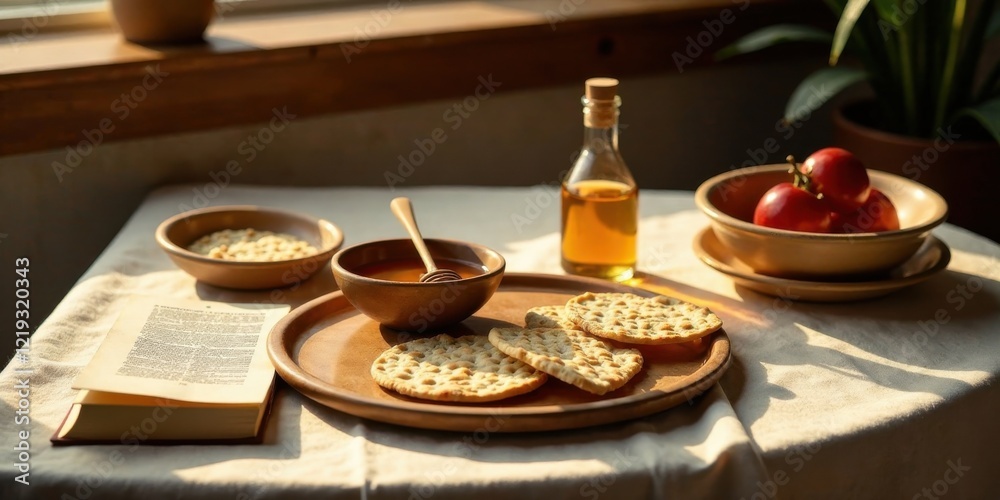 A serene table setting with honey, crackers, and fruit, bathed in warm sunlight, accompanied by a book A serene table setting with honey, crackers, and fruit, bathed in warm sunlight, accompanied by a book