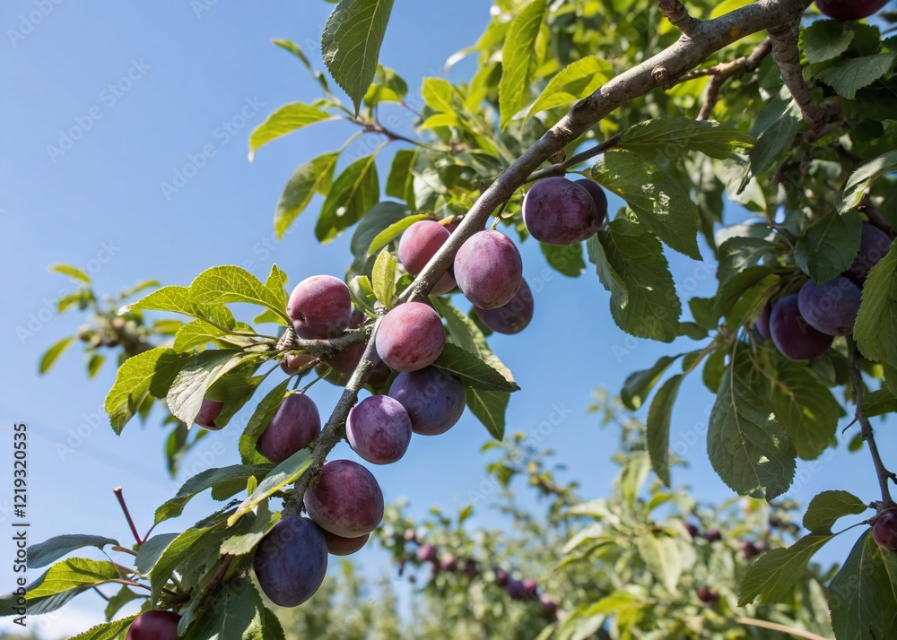 Ripe Plums on Branch Against Vivid Blue Sky - Summer Fruit Harvest Stock Photo Ripe Plums on Branch Against Vivid Blue Sky - Summer Fruit Harvest Stock Photo