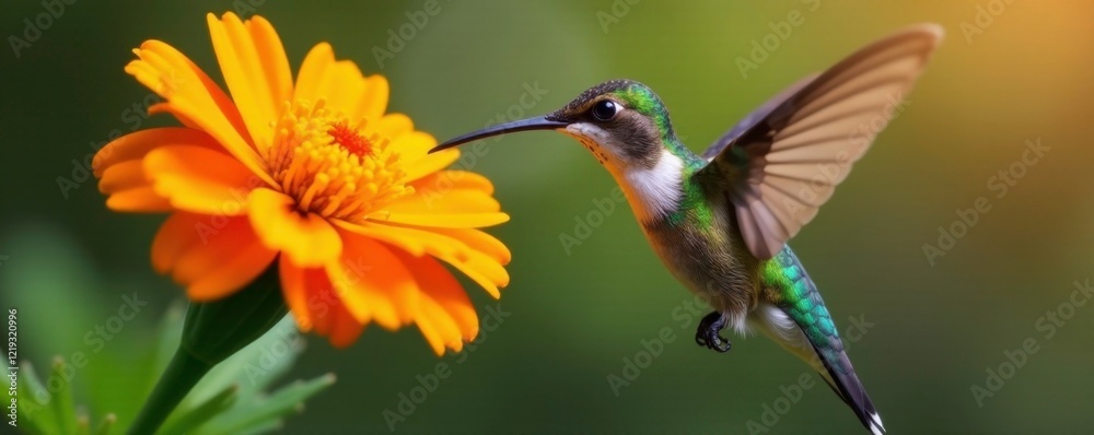 Fototapeta premium Hummingbird sipping from a bright orange marigold flower, petal, flowers